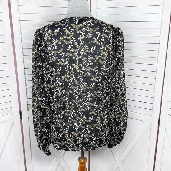 Paige Ambrosine Sheer Floral Silk Blouse Black Medium Ruffle - Picture 7 of 15